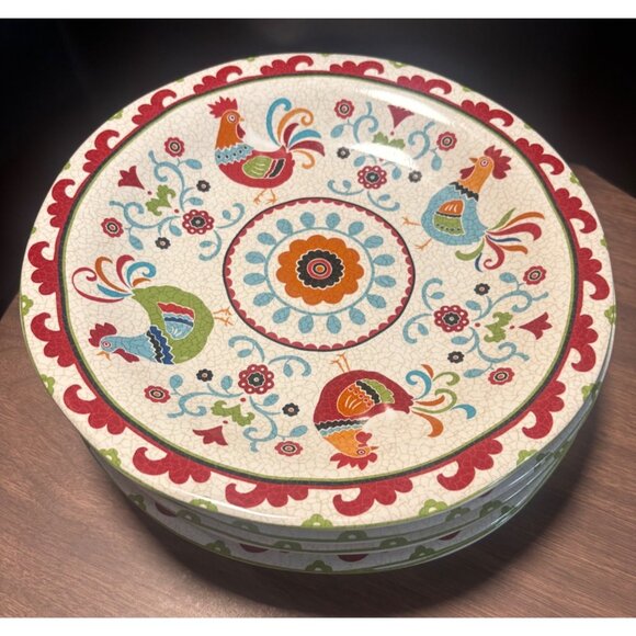 222 Fifth Suzanni Rooster Dinner Plates Set Of 5 Hand Painted Porcelain - Picture 1 of 9